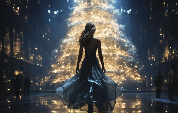 Girl, night, lights, reflection, dress, silhouette, Christmas, floor