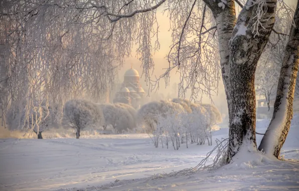 Picture winter, frost, snow, nature, tree, Church, Russia