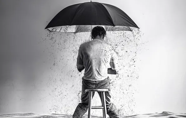 Picture rain, boy, surreal, stool