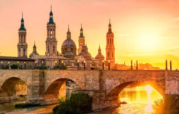 The sun, bridge, river, Cathedral, Spain, Zaragoza