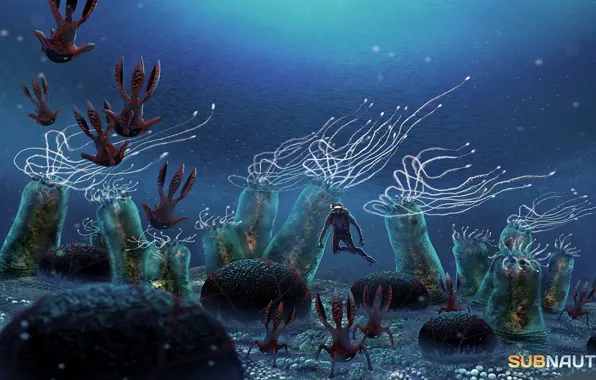The ocean, diver, art, Subnautica
