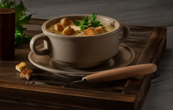 Soup, pan, croutons, cheese