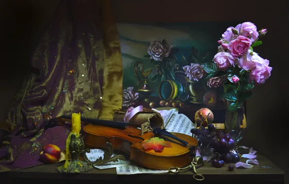 Picture flowers, berries, notes, violin, roses, candle, picture, grapes