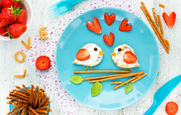 Breakfast, strawberry, plate, decor, funny, breakfast, sandwiches, Valentines Day