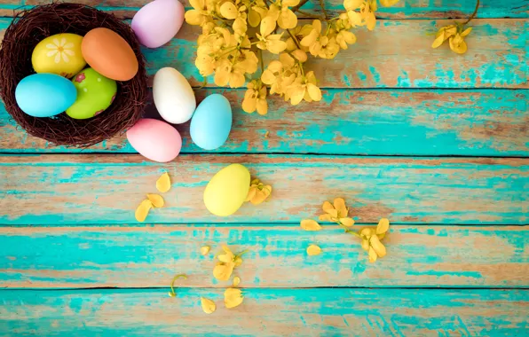 Picture flowers, basket, eggs, spring, colorful, Easter, wood, flowers