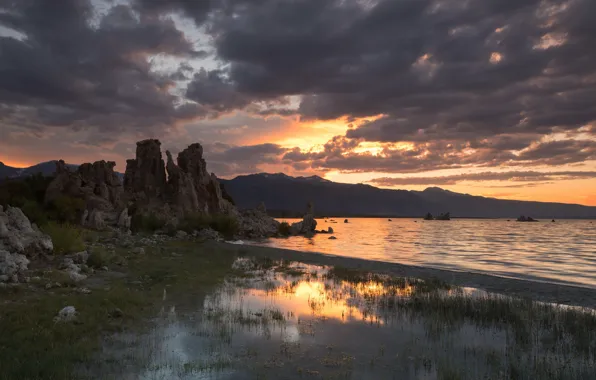 Sunset, mountains, stones, rocks, pond