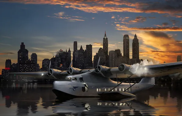 Picture the plane, art, background, seaplane, Pan American Airways System, city., night