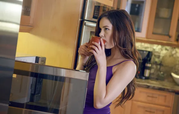 Sexy, brown eyes, brunette, breasts, delight, microwave, Jenna Ross, cup of coffee