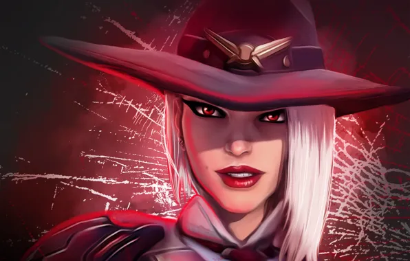 Girl, face, hat, art, Ashe, overwatch, elizabeth caledonia