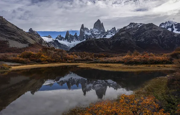 Autumn, clouds, snow, mountains, lake, reflection, rocks, tops