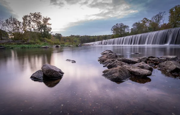 Trees, river, stones, waterfall, North Carolina, North Carolina, Bynum, Bynum