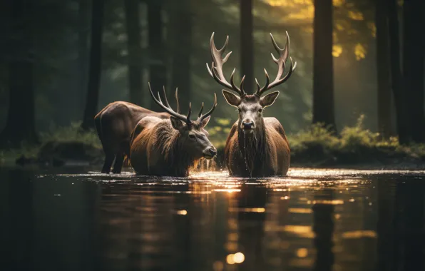 Forest, deer, bathing, deer, pond, AI art, neural network