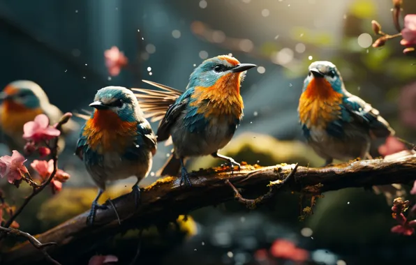 Birds, flock, bright plumage, birds, AI art, neural network