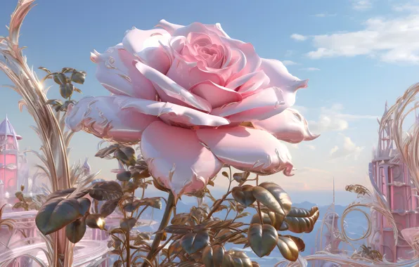 Picture flowers, castle, roses, pink, AI art, neural network