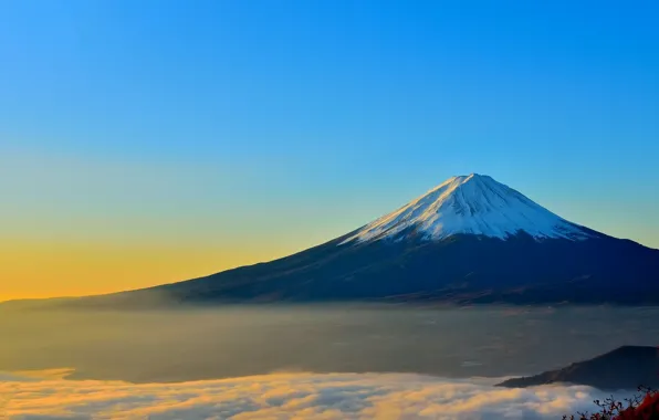 Picture Japan, snow, mountain, Mount Fuji, volcano, fog, Fuji, sky