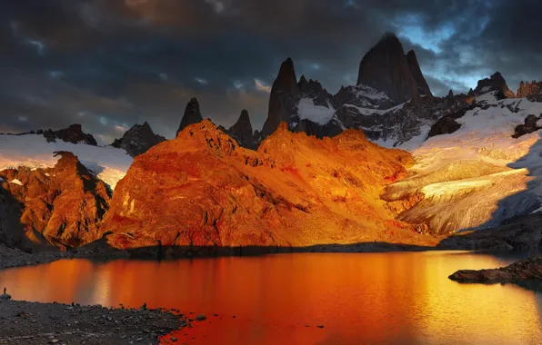 Snow, landscape, mountains, lake, dawn, Argentina, Argentina, Patagonia