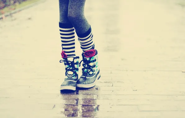 Picture wet, asphalt, background, rain, mood, shoes, sneakers, jeans