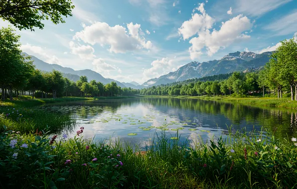 The sky, clouds, mountains, lake, Wallpaper, art, wallpaper, sky