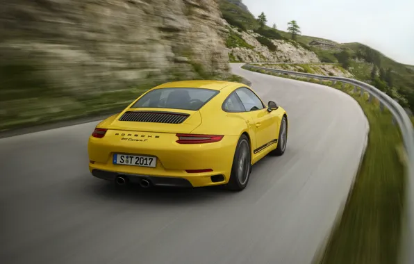 Picture road, yellow, movement, blur, Porsche, the fence, 2018, 911 Carrera T