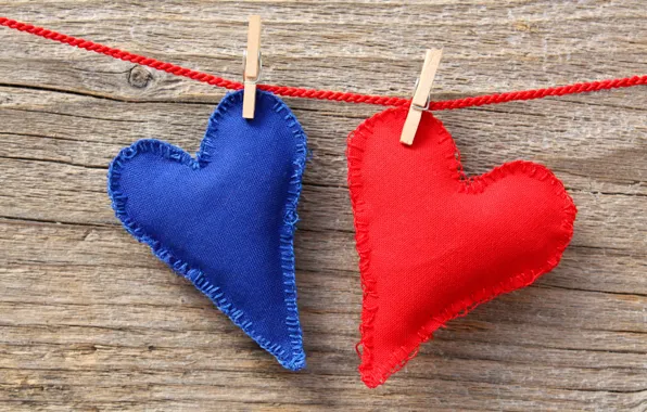 Heart, fabric, thread, red, blue, clothespins