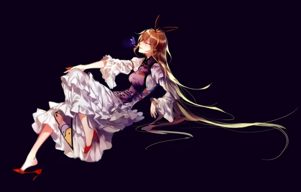 Purple, background, butterfly, shoes, long hair, touhou, closed eyes, yukari yakumo