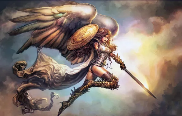 Girl, sword, fantasy, armor, wings, Angel, artwork, shield