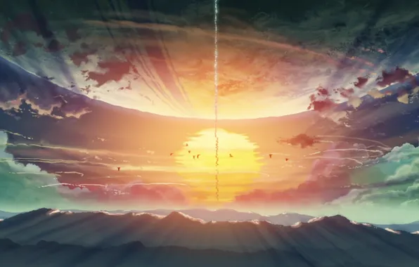 The sun, clouds, sunset, mountains, birds, nature, planet, anime
