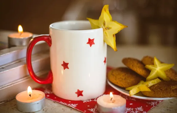 Picture food, candles, cookies, mug, Cup, stars, carambola