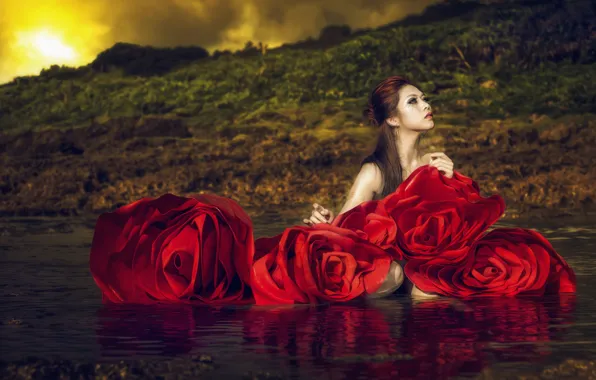 Water, girl, flowers, style, roses, Asian