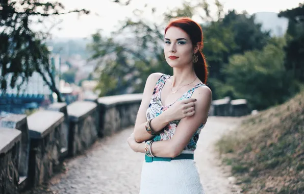Girl, dress, lips, direct gaze