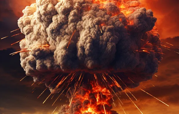 Clouds, Fire, Mushroom, The explosion, Digital art, A nuclear explosion, AI art, Nuclear weapon