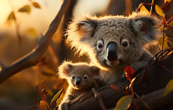 Look, nature, pose, a couple, cub, mom, Koala, faces