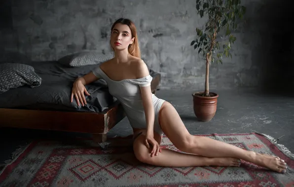 Girl, pose, bed, carpet, legs, on the floor, tree, Yuri Demidov