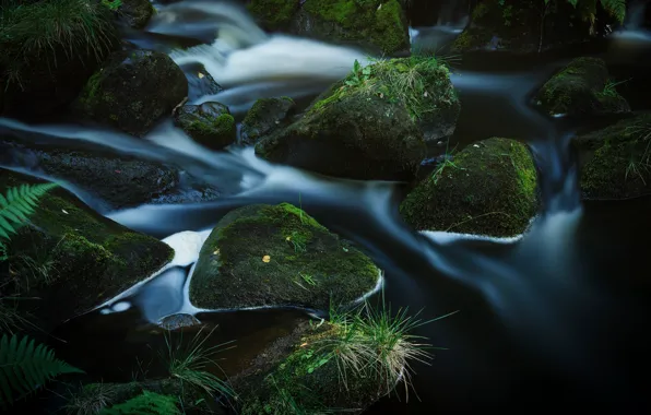 Picture water, the dark background, stones, waterfall, stream, boulders