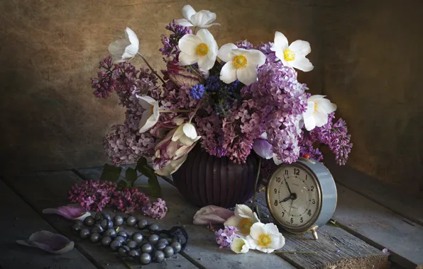 Picture flowers, Board, alarm clock, beads, vase, still life, lilac, anemones