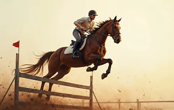 Horse, Jump, Male, Horse riding, Digital art, Barrier, AI art, The Art of Artificial Intelligence