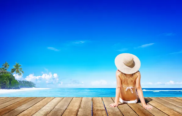 Picture sea, girl, tropics, palm trees, hat, the platform