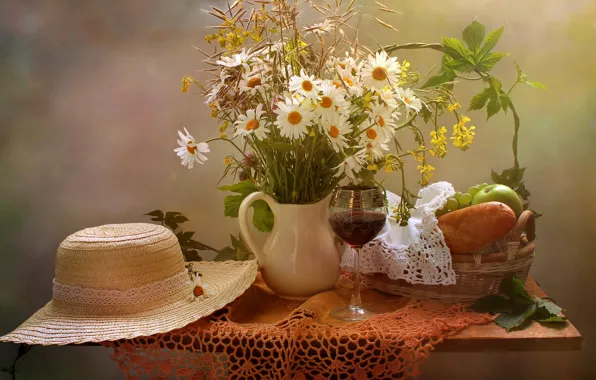 Flowers, table, wine, basket, apples, glass, chamomile, bread