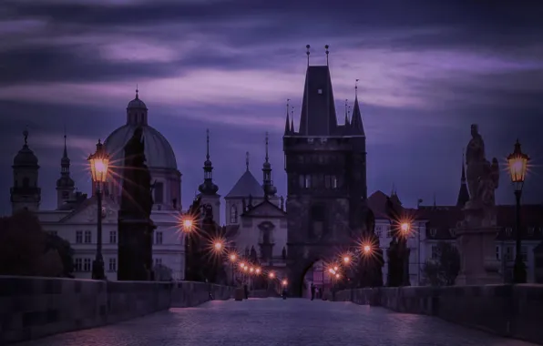Night, lights, Prague, Czech Republic, Charles bridge