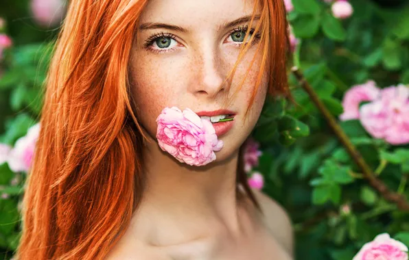 Flower, portrait, freckles, redhead, teeth