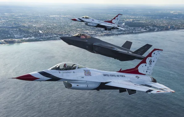 Picture sea, flight, the city, fighters, F-16, Thunderbird, F-35A