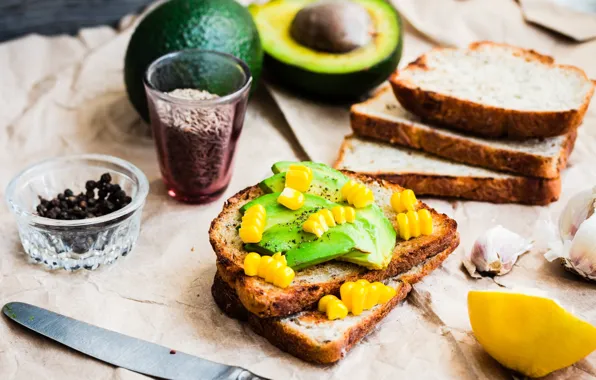 Lemon, corn, sandwich, spices, garlic, avocado, toast