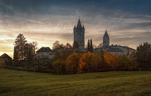 Field, autumn, the sky, clouds, trees, sunset, castle, dawn