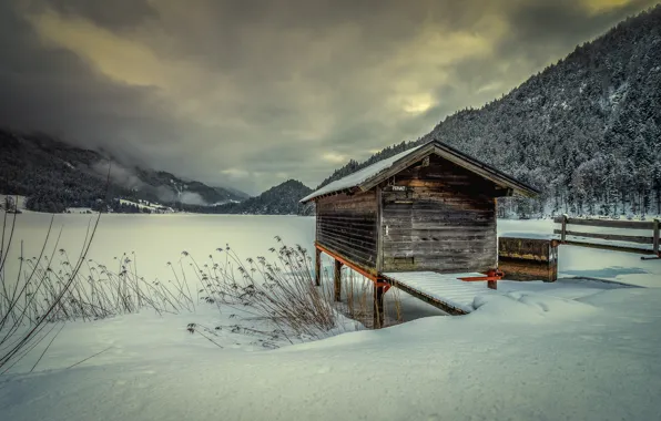 Winter, mountains, lake, houses