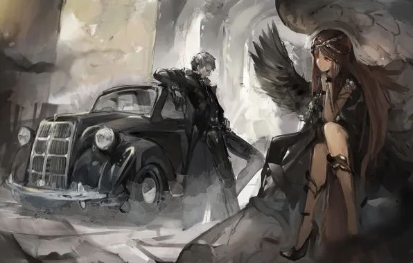 Machine, girl, smoke, wings, anime, art, chain, guy