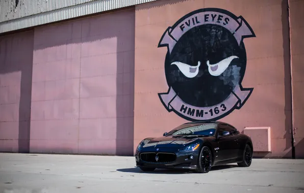 Black, Maserati, the building, shadow, wall, black, front view, pink