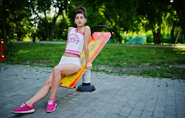 Picture girl, shorts, beauty, brunette, sneakers, tank top