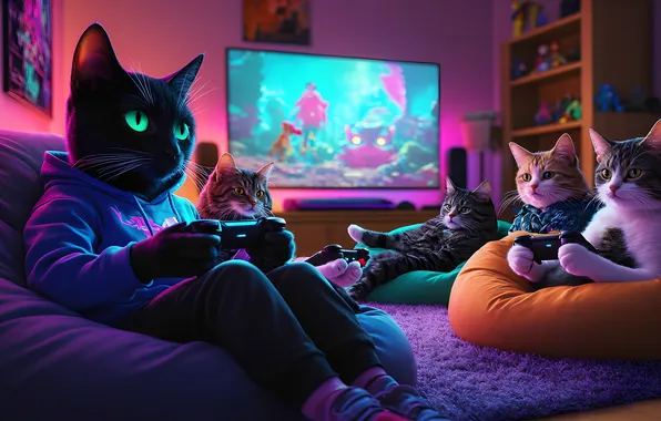 Game, cats, gamers, joysticks, gamblers