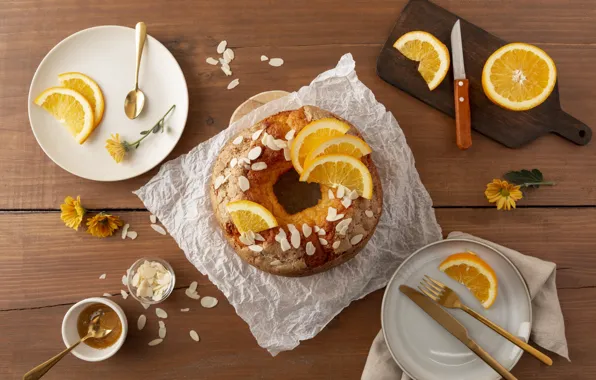 Flowers, paper, Board, oranges, knife, cake, nuts, knives