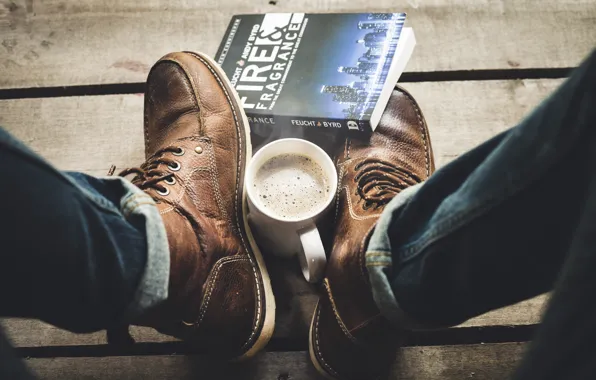 Coffee, jeans, shoes, book